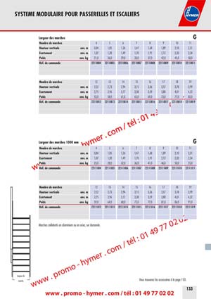 SYSTEME MODULAIRE POUR PASSERELLES ET ESCALIERS 



Largeur des marches G 


Nombre de marches 
Hauteur verticale env. m 
�cartement env. m 
Poids env. kg 
R�f. de commande 


Nombre de marches 
Hauteur verticale env. m 
�cartement env. m 
Poids env. kg 
R�f. de commande 



Marches caillebotis en aluminium ou en acier, sur demande. 

Vous trouverez les accessoires � la page 150. 